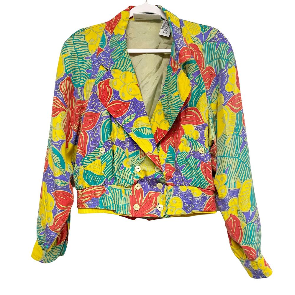 Vintage Pacific Silk Tropical Print V Neck Double Breast Crop Jacket